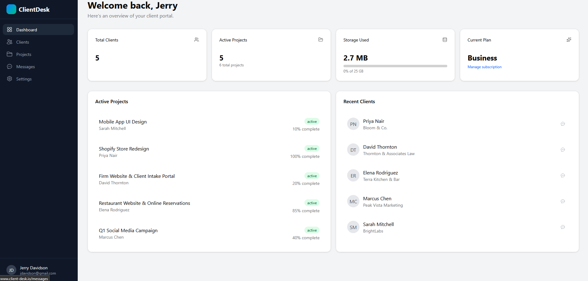 ClientDesk freelancer dashboard: manage clients, track projects, and monitor storage